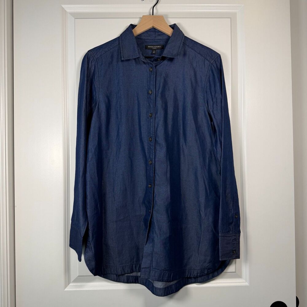 NWT Banana Republic Parker Women's M Blue 100% Lyocell Button Up Tunic Shirt